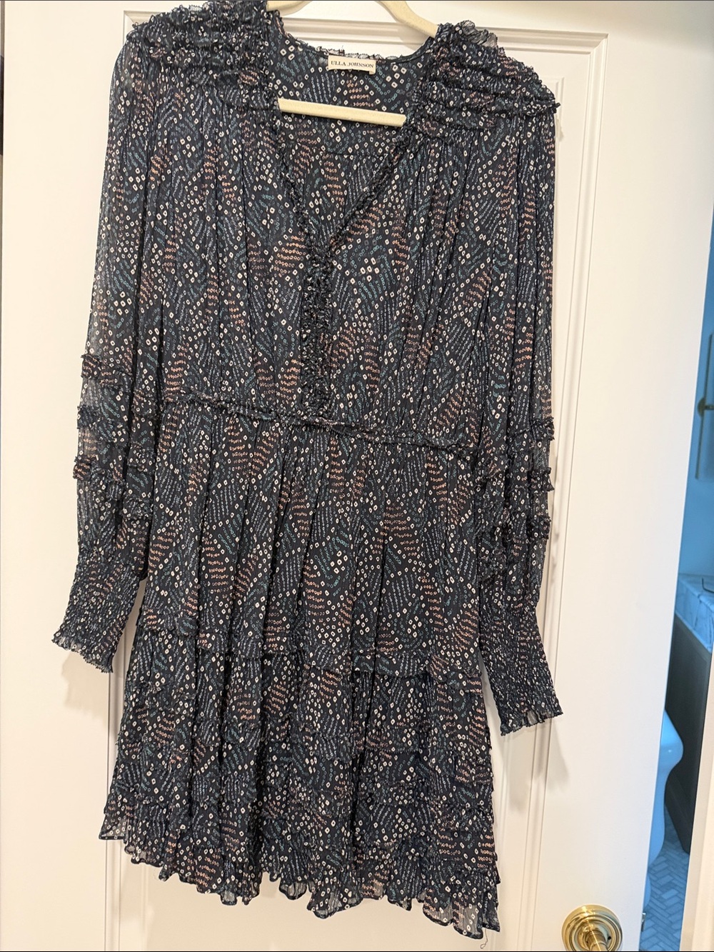 Ulla Johnson Navy and Cream Printed Ruffle Long-Sleeve Dress